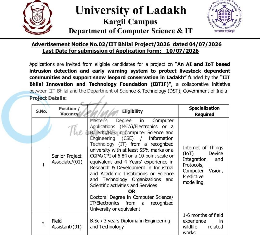University of Ladakh UOL Department of Computer Science and IT Kargil Senior Project Associate Field Assistant employement opportunities Notice 02/IIT Bhilai Project/2026