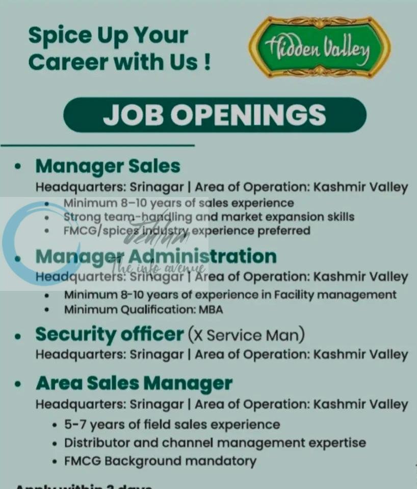Hidden Valley Banday Impex Srinagar Jobs Manager Sales Area Sales Manager Administration Security Officer job opportunities 2026