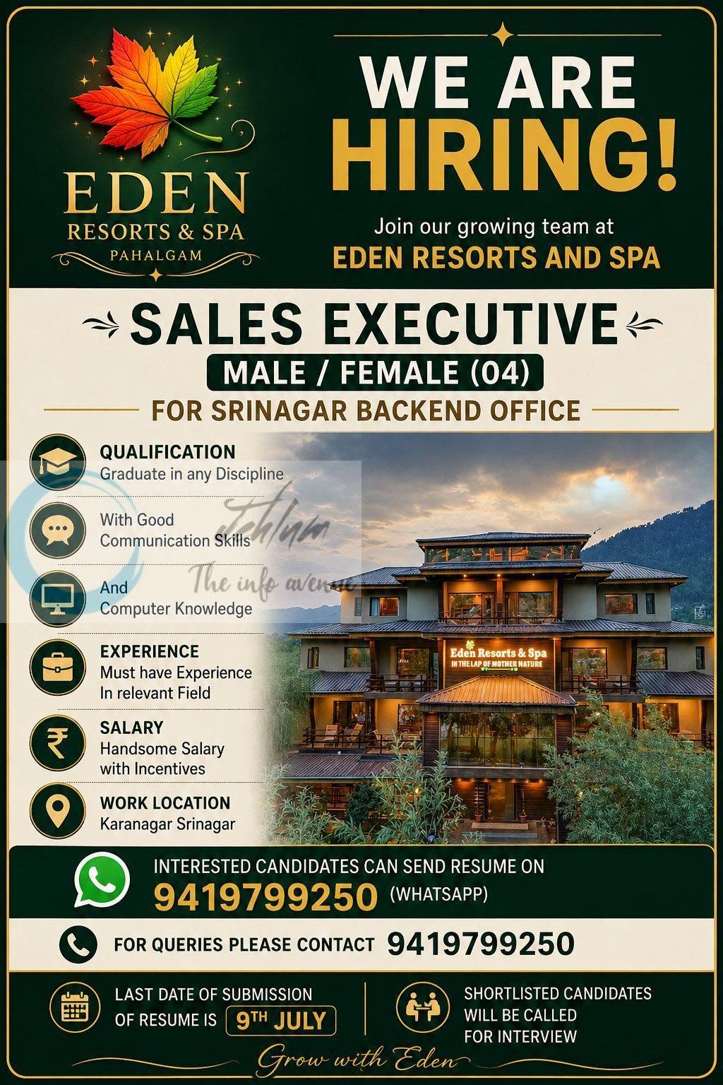 Eden Resorts and Spa srinagar Sales Executive Job opportunities 2026 1 Eden Resorts and Spa srinagar Sales Executive Job opportunities 2026