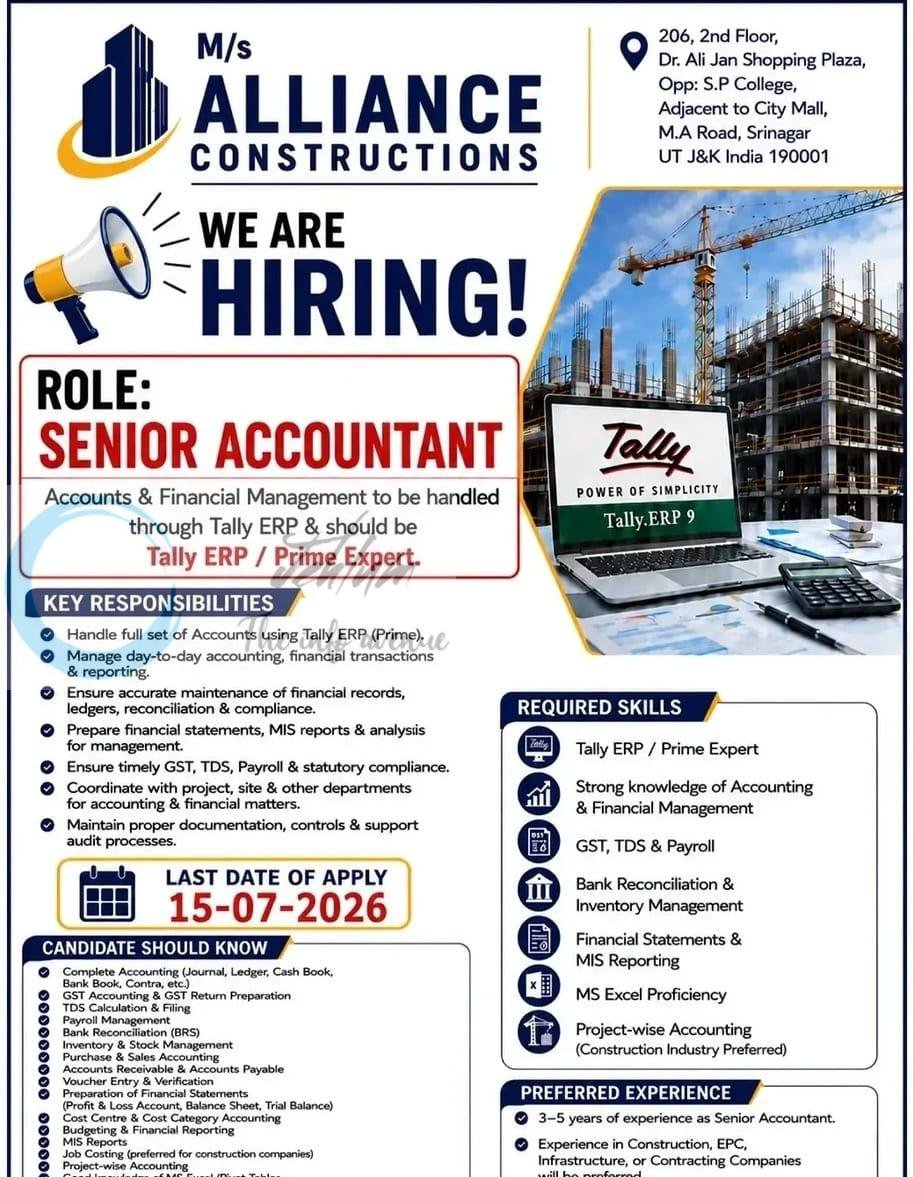 Alliance Constructions srinagar Senior Accountant job opportunities 2026