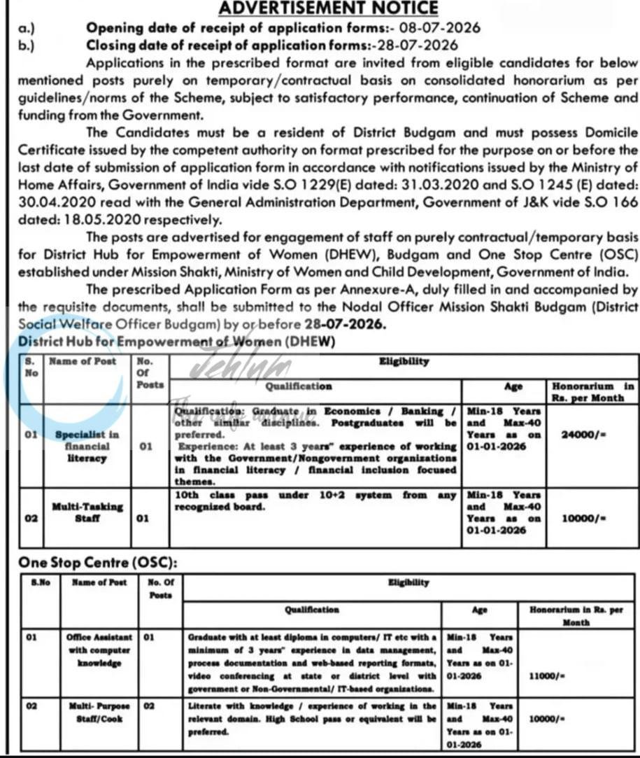 District Social Welfare Officer Budgam DSWOB Mission Shakti faculty job opportunities 2026