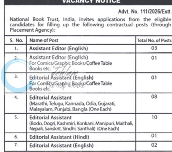 National Book Trust NBT India New Delhi staff job opportunities notice 111/2026/Estt 1 National Book Trust NBT India New Delhi staff job opportunities notice 111/2026/Estt