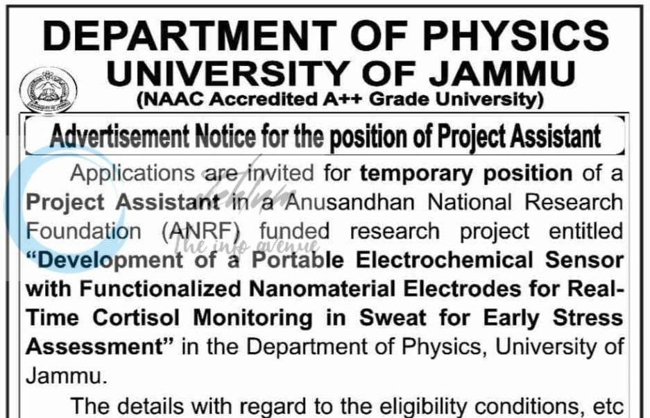 University of Jammu Deptt of Physics  Project Assistant employment opportunities 2026