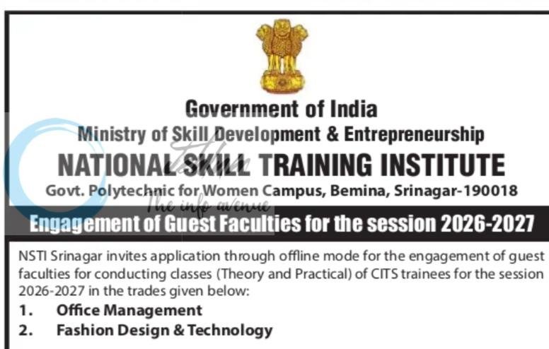 National Skill Training Institute NSTI Bemina Srinagar Guest Faculties Office Management job opportunities 2026 1 National Skill Training Institute NSTI Bemina Srinagar Guest Faculties Office Management job opportunities 2026