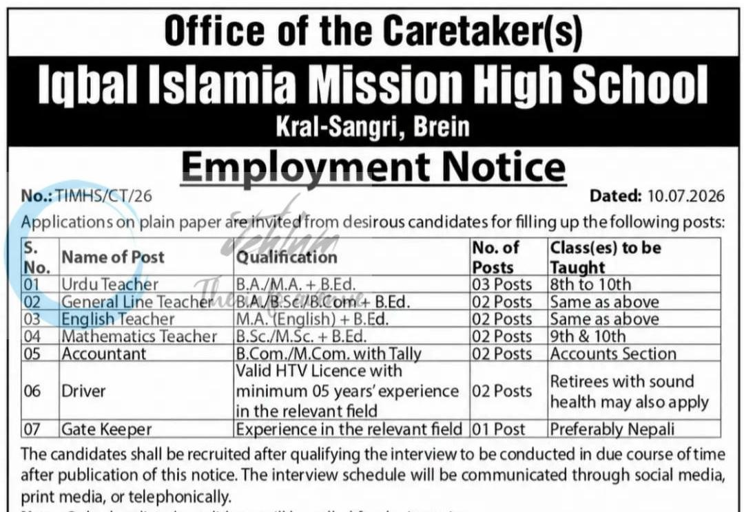 Iqbal Islamia Mission High School TIMHS Srinagar teaching job opportunities notice TIMHS/CT/26