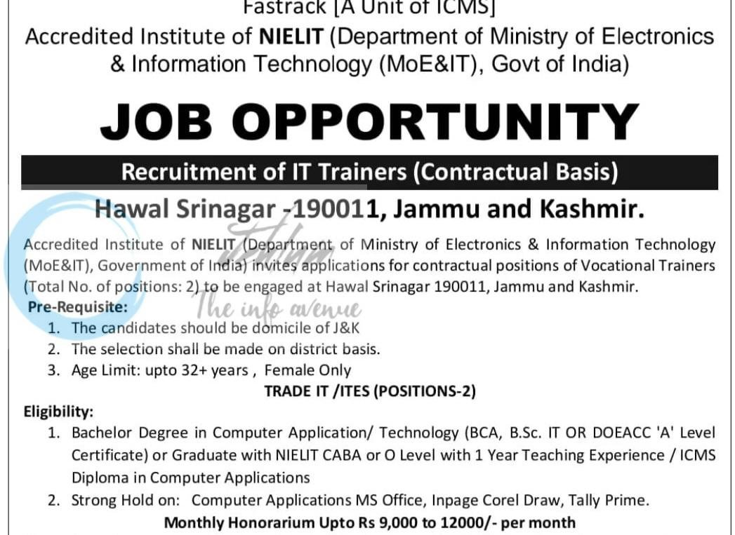 Fastrack NIELIT ICMS Hawal Srinagar IT Trainers Contractual employment opportunities 2026