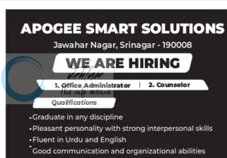 APOGEE SMART SOLUTIONS ASS Srinagar Office Administrator Counselor job opportunities 2026