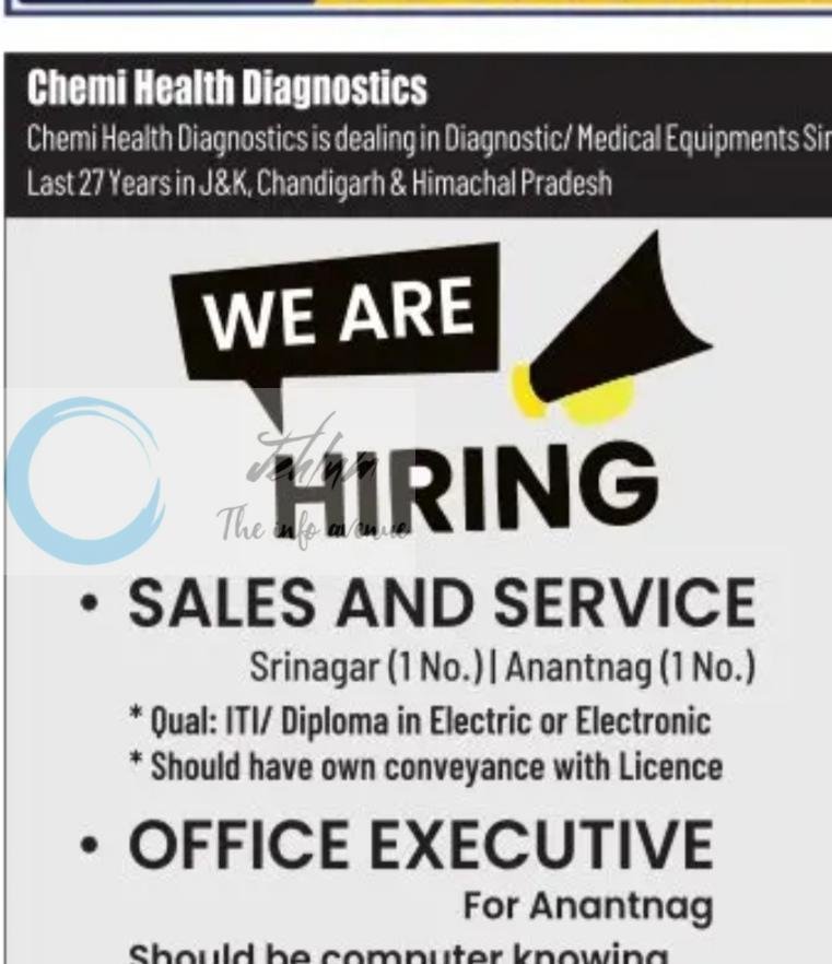 Chemi Health Diagnostics CHD Srinagar Anantnag Sales and Service Office Executive job opportunities 2026
