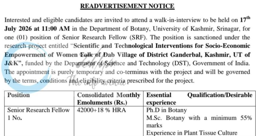 University of Kashmir KU Deptt of Botany Srinagar Senior Research Fellow SRF Jobs Advertisement 2026