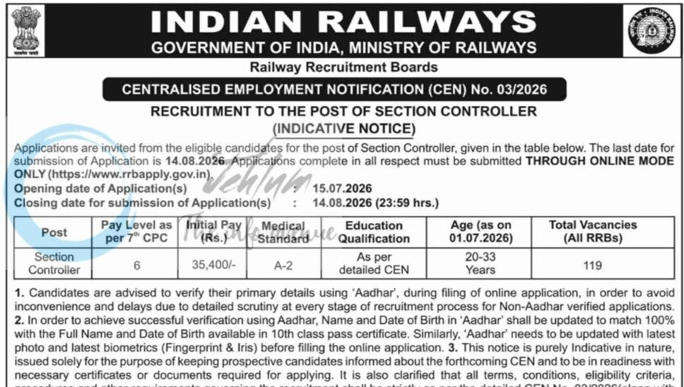 INDIAN RAILWAYS RRB Section Controller Recruitment Advertisement CEN No 03/2026