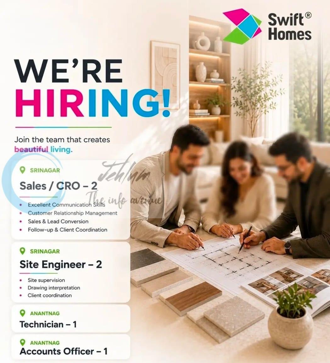Swift Homes srinagar/anantanag Site Engineer Sales CRO Accounts Officer job opportunities 2026