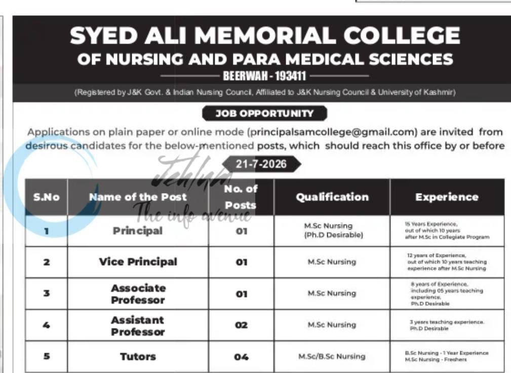 Syed Ali Memorial College of Nursing and Para Medical Sciences Beerwah Budgam Tutor Assistant Professor Principal employment opportunities 2026