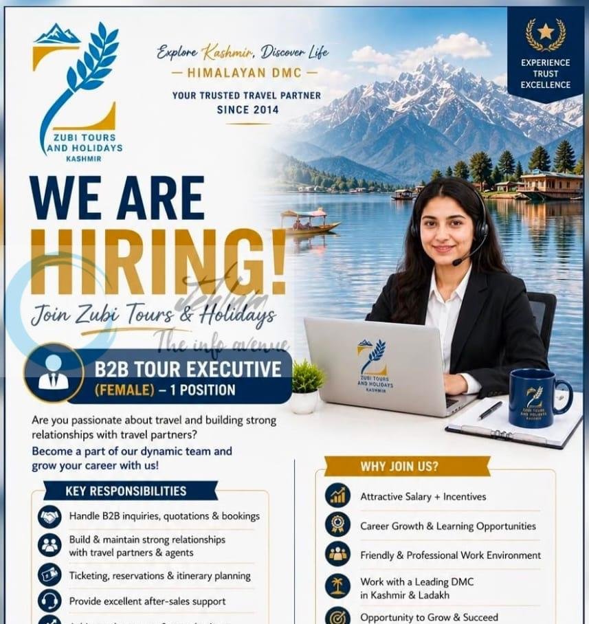 Zubi Tours and Holidays Srinagar Tour Executive job opportunities 2026 1 Zubi Tours and Holidays Srinagar Tour Executive job opportunities 2026