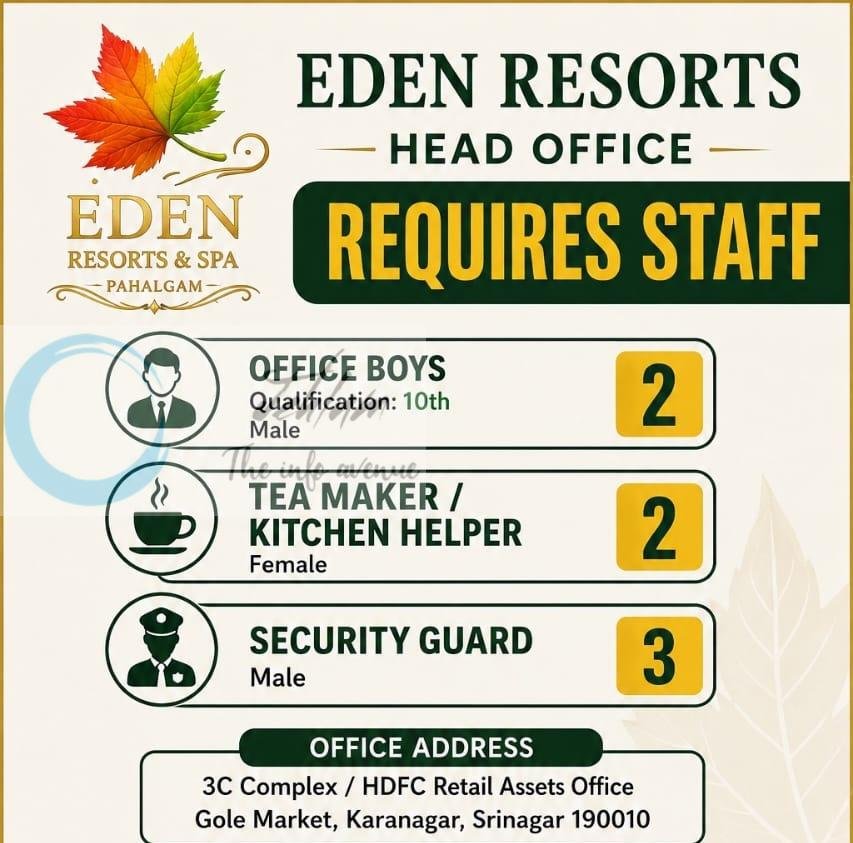 Eden Resorts Srinagar staff job opportunities 2026