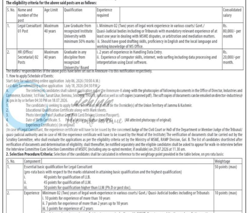Directorate of Industries & Commerce Kashmir DIC MSEFC Srinagar Legal Consultant/ HR Advertisement Notification No 01 of 2026