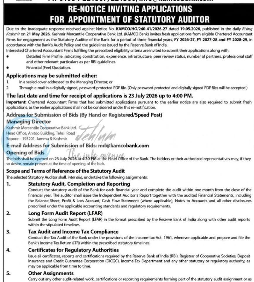 Kashmir Mercantile Cooperative Bank KAMCO Sopore Statutory Auditor employement opportunities notice KAMCO/HO/358-59/2026-27