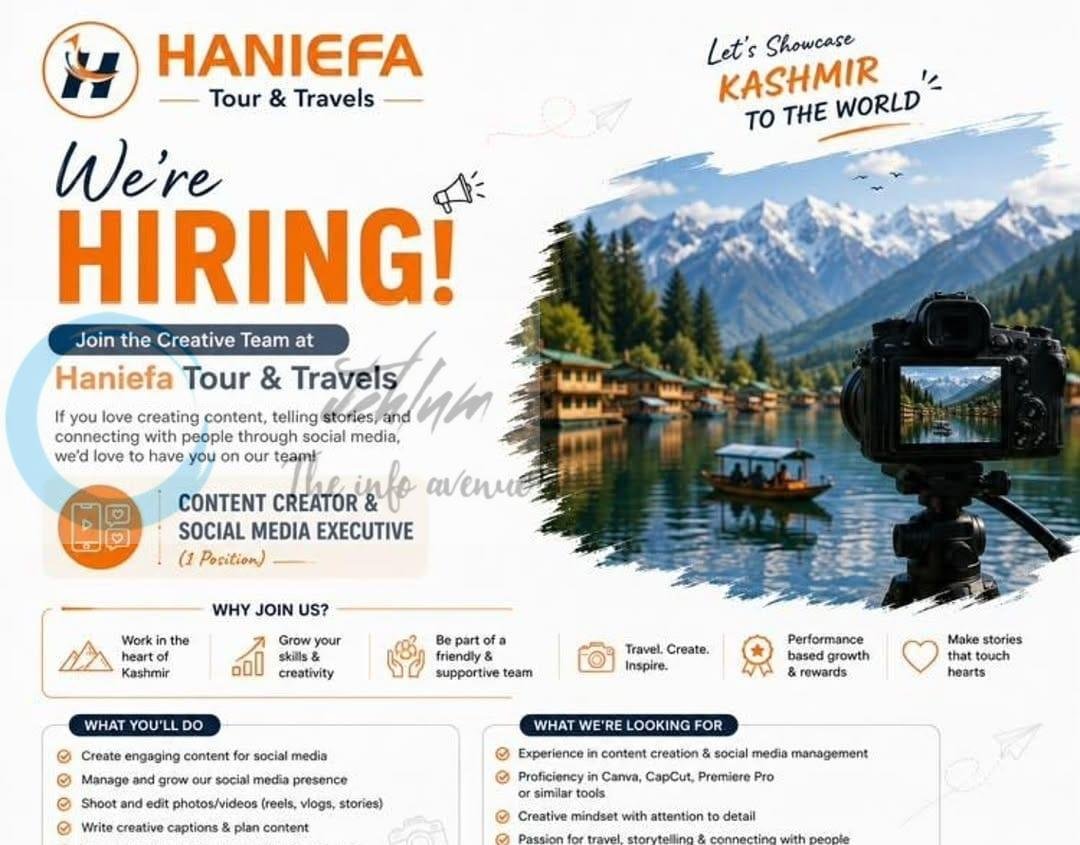 Haniefa Tour Travels HTT Srinagar Content Creator Social Media Executive job opportunities 2026
