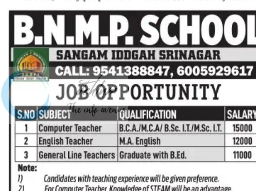 B N M P School Srinagar teaching job opportunities 2026