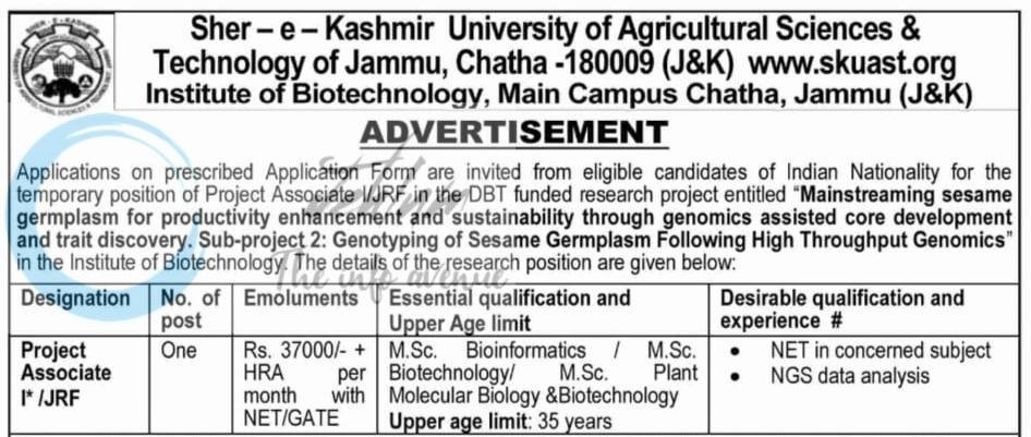 SKUAST-Jammu Institute of Biotechnology Jammu Project Associate I job opportunities notice AUJ/IBT/26-27/F-159/1436-38