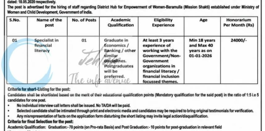 Office of the Deputy Commissioner Baramulla DDC District Hub for Empowerment of Women Baramulla Specialist in financial literacy employement opportunities notice 01 of 2025 1 Office of the Deputy Commissioner Baramulla DDC District Hub for Empowerment of Women Baramulla Specialist in financial literacy employement opportunities notice 01 of 2025