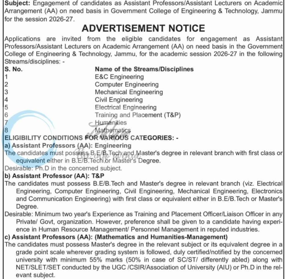 Government College of Engineering and Technology GCET Jammu Academic Arrangement Advertisement Notice 2026-27 1 Government College of Engineering and Technology GCET Jammu Academic Arrangement Advertisement Notice 2026-27
