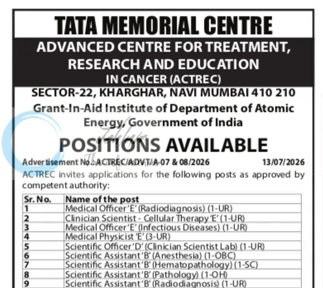 Tata Memorial Centre ACTREC Department of Atomic Energy Navi Mumbai Medical Officer employment opportunities notice ACTREC/ADVT/A-07 and 08/2026