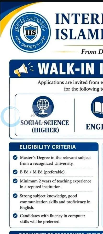 International Islamic School Peerbagh Srinagar teaching job opportunities Walk-In 2026