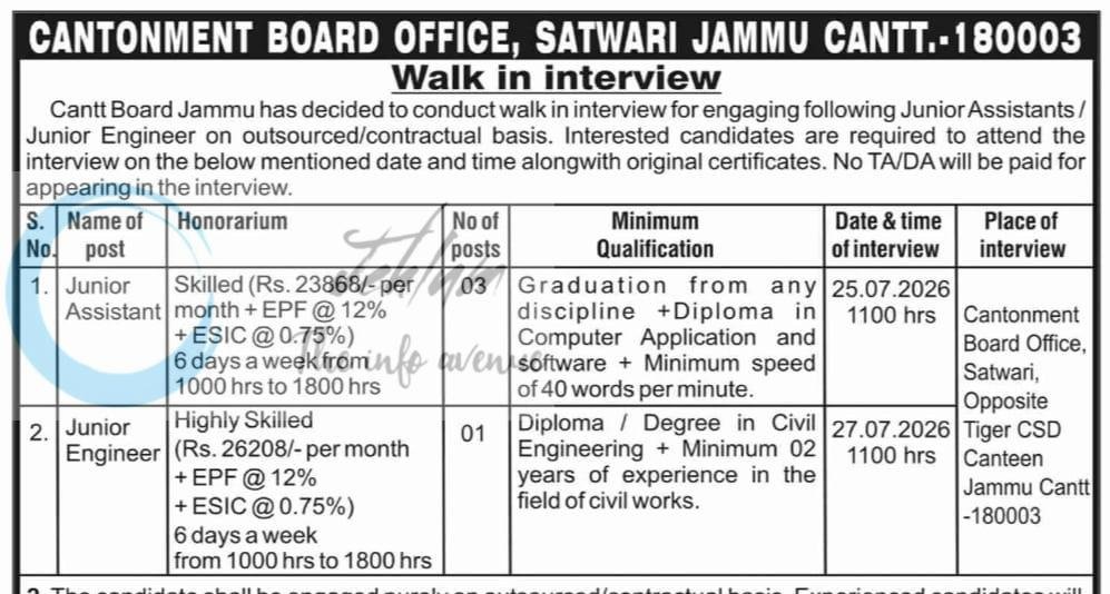Cantonment Board Jammu Junior Assistant Junior Engineer job opportunities notice CBJ/Misc/Hon./II/2024-25/443 2026