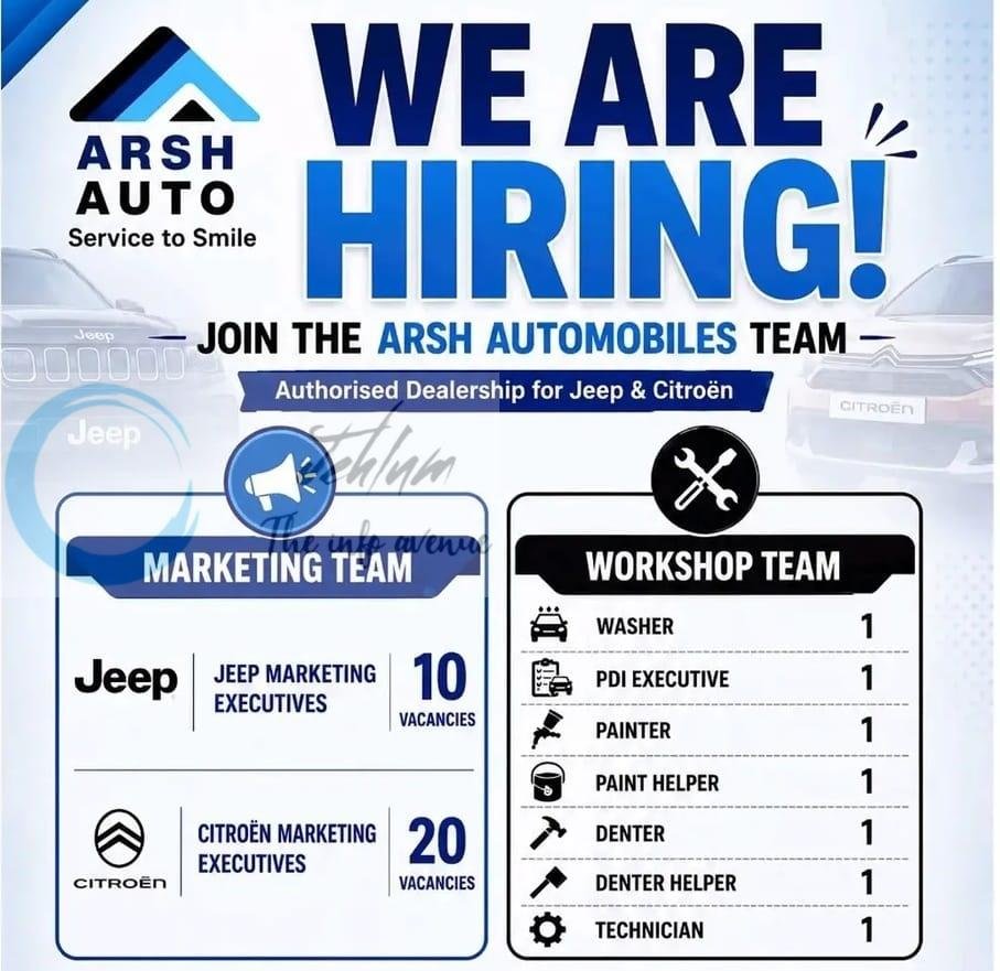 ARSH AUTOMOBILES Srinagar Jeep Marketing Executives Citroën Marketing Executives Workshop Team job opportunities 2026 1 ARSH AUTOMOBILES Srinagar Jeep Marketing Executives Citroën Marketing Executives Workshop Team job opportunities 2026