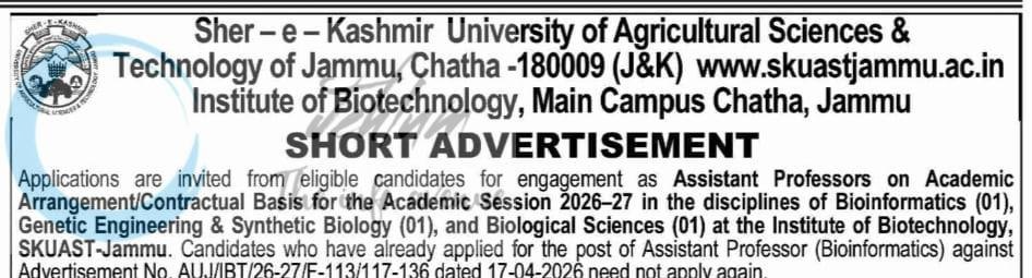 SKUAST Jammu Institute of Biotechnology AP job opportunities 2026