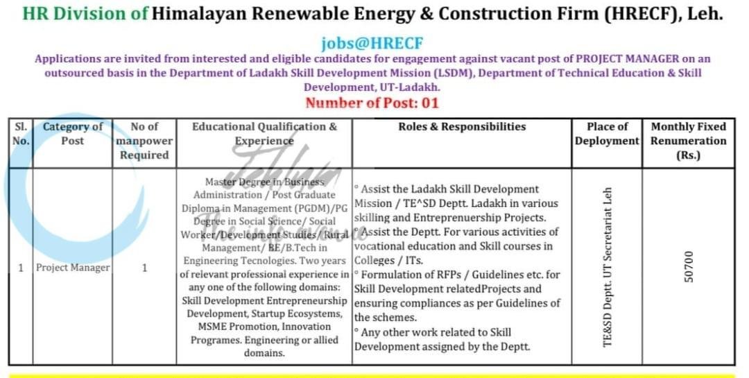 Himalayan Renewable Energy Construction Firm HRECF Department of Technical Education Skill Development Leh Project Manager employment opportunities 2026