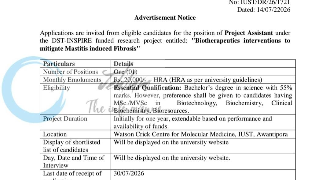 IUST Watson-Crick Centre for Molecular Medicine Awantipora Project Assistant job opportunities notice IUST/DR/26/1721