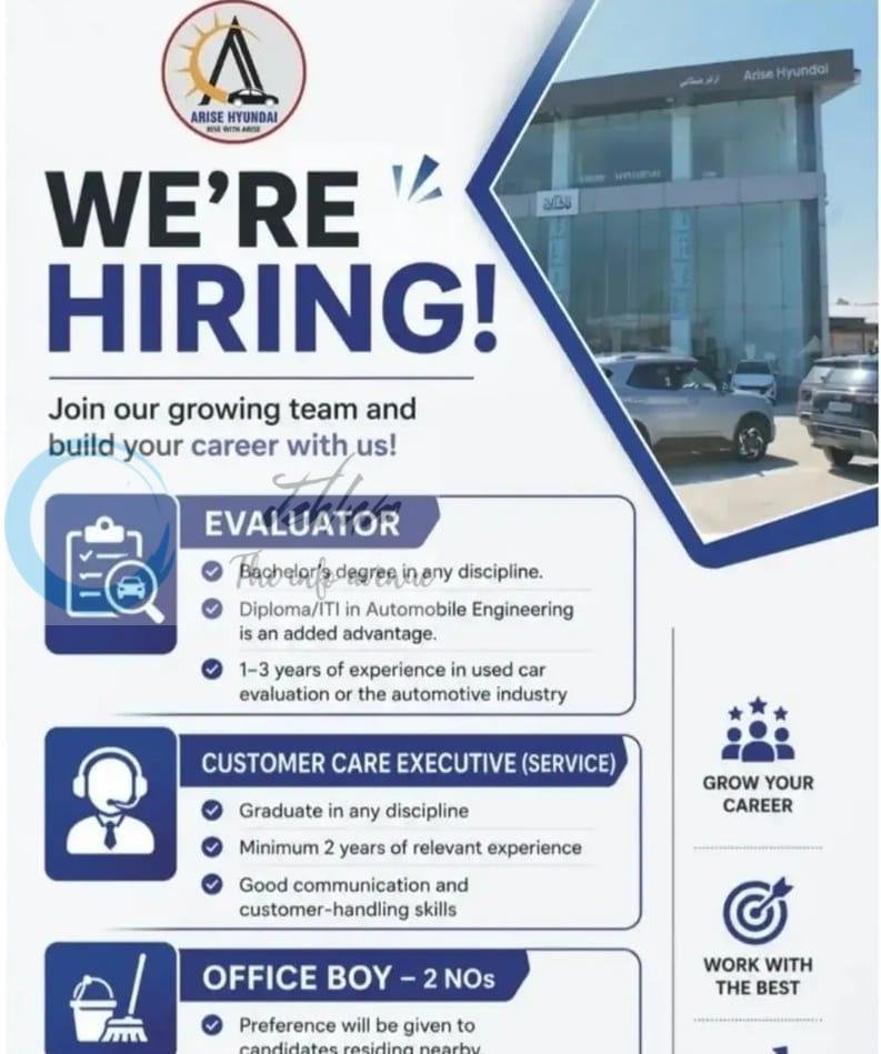 Arise Hyundai AH Tengpora Evaluator Customer Care Executive Office Boy job opportunities 2026 1 Arise Hyundai AH Tengpora Evaluator Customer Care Executive Office Boy job opportunities 2026