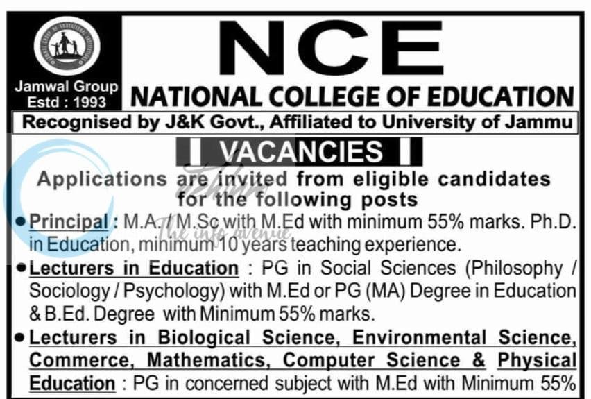 National College of Education NCE Jammu faculty job opportunities 2026