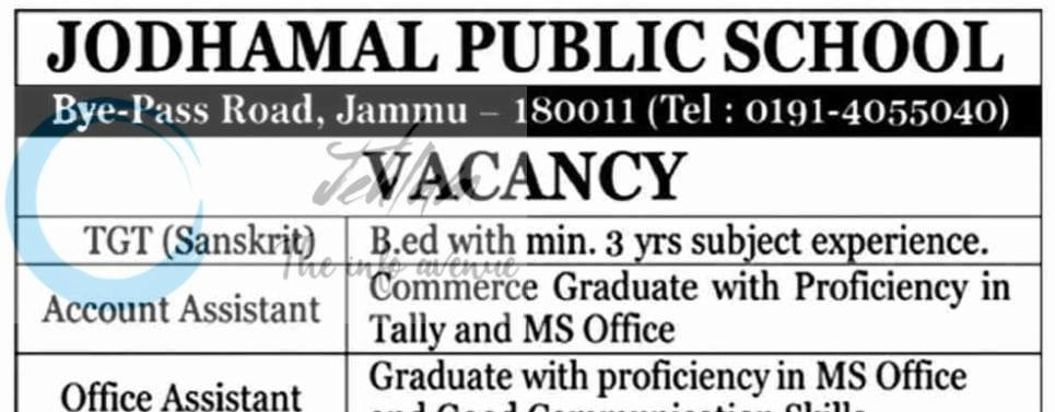 Jodhamal Public School Jammu TGT Account Assistant Office Assistant job opportunities 2026 1 Jodhamal Public School Jammu TGT Account Assistant Office Assistant job opportunities 2026