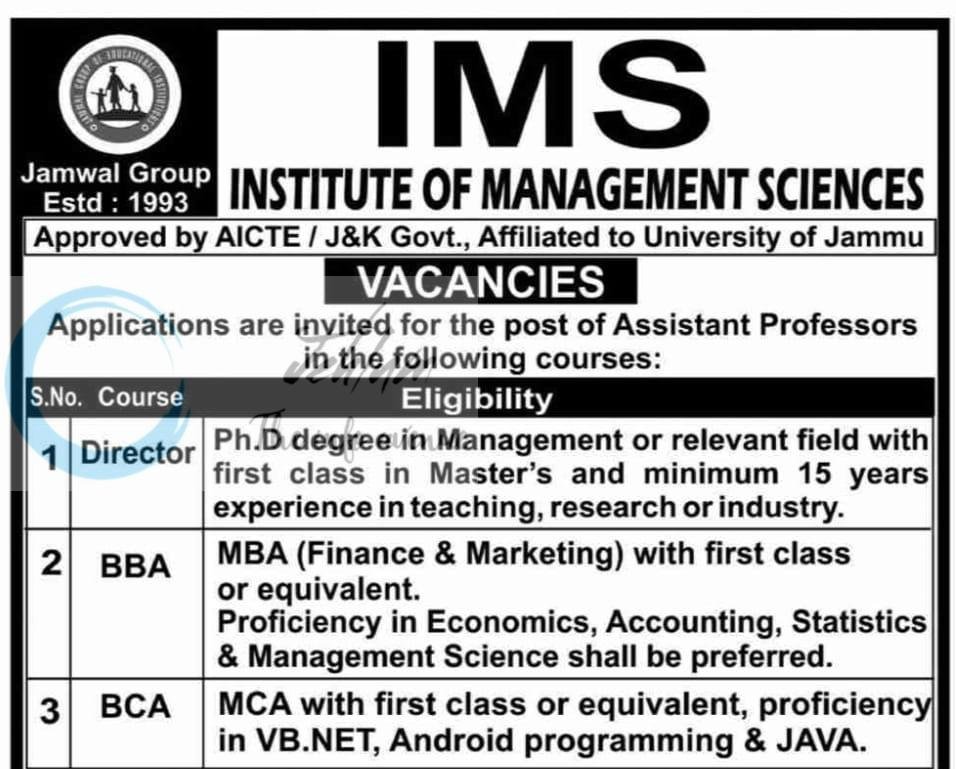 Institute of Management Sciences IMS Jammu Director Assistant Professors job opportunities 2026 1 Institute of Management Sciences IMS Jammu Director Assistant Professors job opportunities 2026