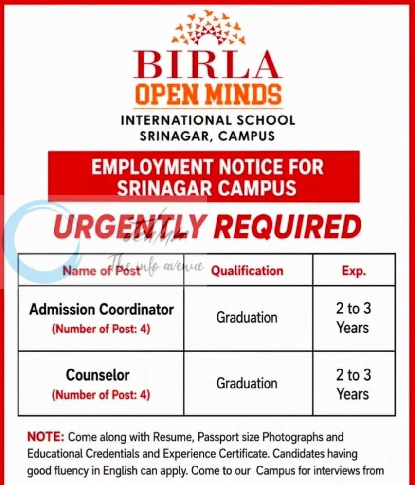 Birla Open Minds International School Srinagar Admission Coordinator Counselor job opportunities 2026 1 Birla Open Minds International School Srinagar Admission Coordinator Counselor job opportunities 2026