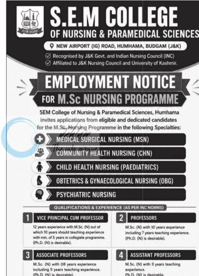 SEM College of Nursing and Paramedical Sciences SEM Budgam Vice Principal Professors Associate Professors job opportunities 2026 1 SEM College of Nursing and Paramedical Sciences SEM Budgam Vice Principal Professors Associate Professors job opportunities 2026