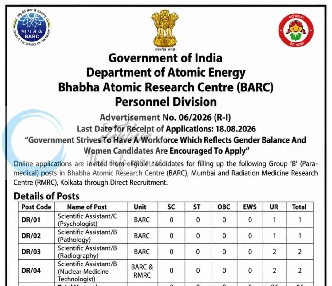 Bhabha Atomic Research Centre BARC Scientific Assistant employement opportunities notice 06/2026 1 Bhabha Atomic Research Centre BARC Scientific Assistant employement opportunities notice 06/2026