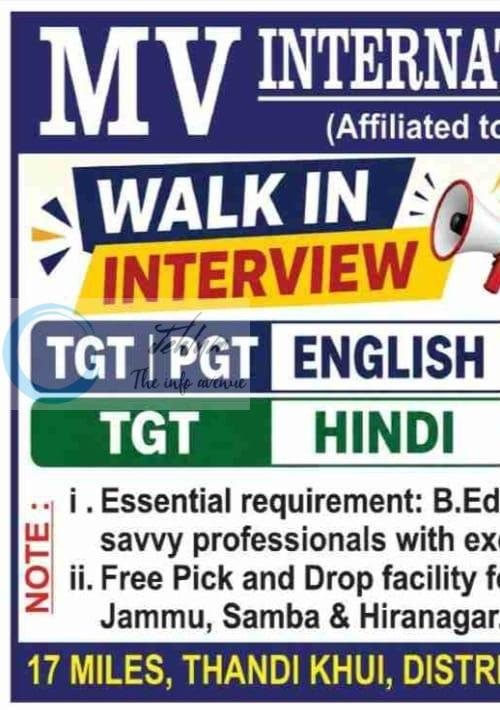 MV International School MVIS Samba faculty job opportunities 2026