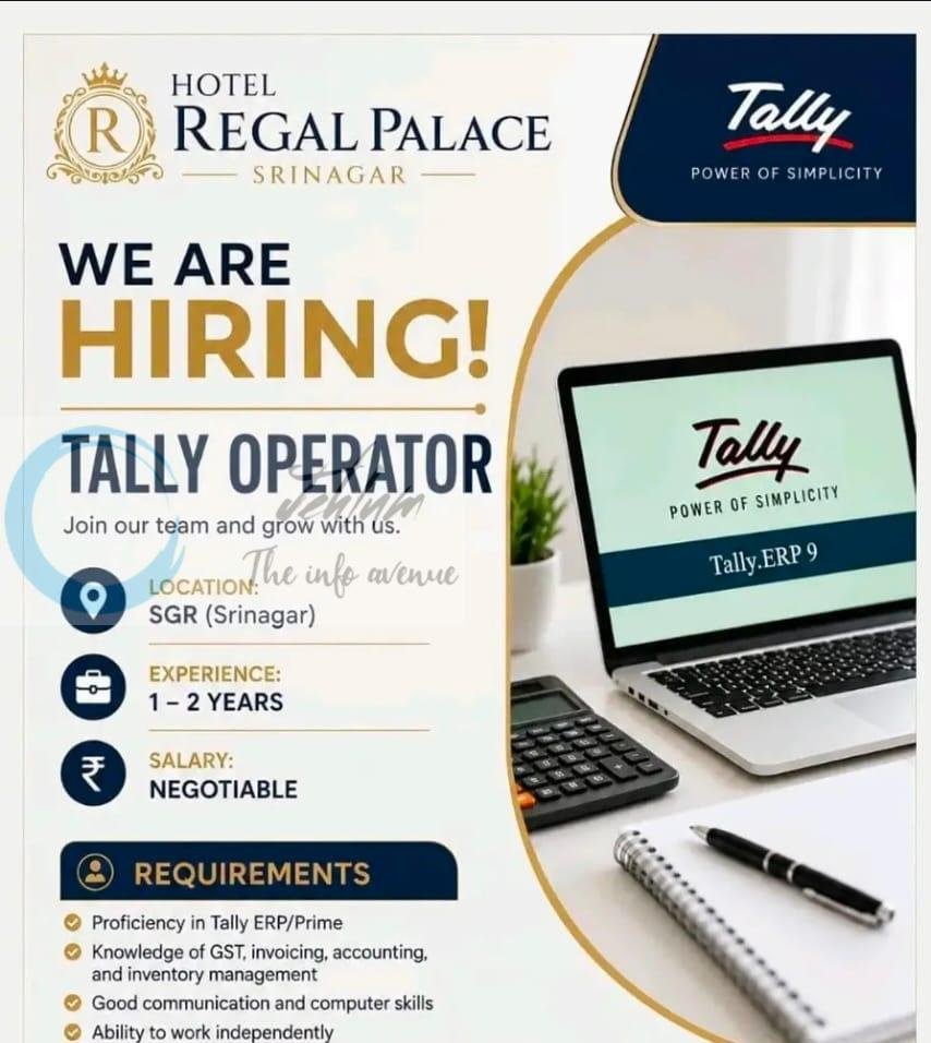 Hotel Regal Palace Srinagar Tally Operator job opportunities 2026