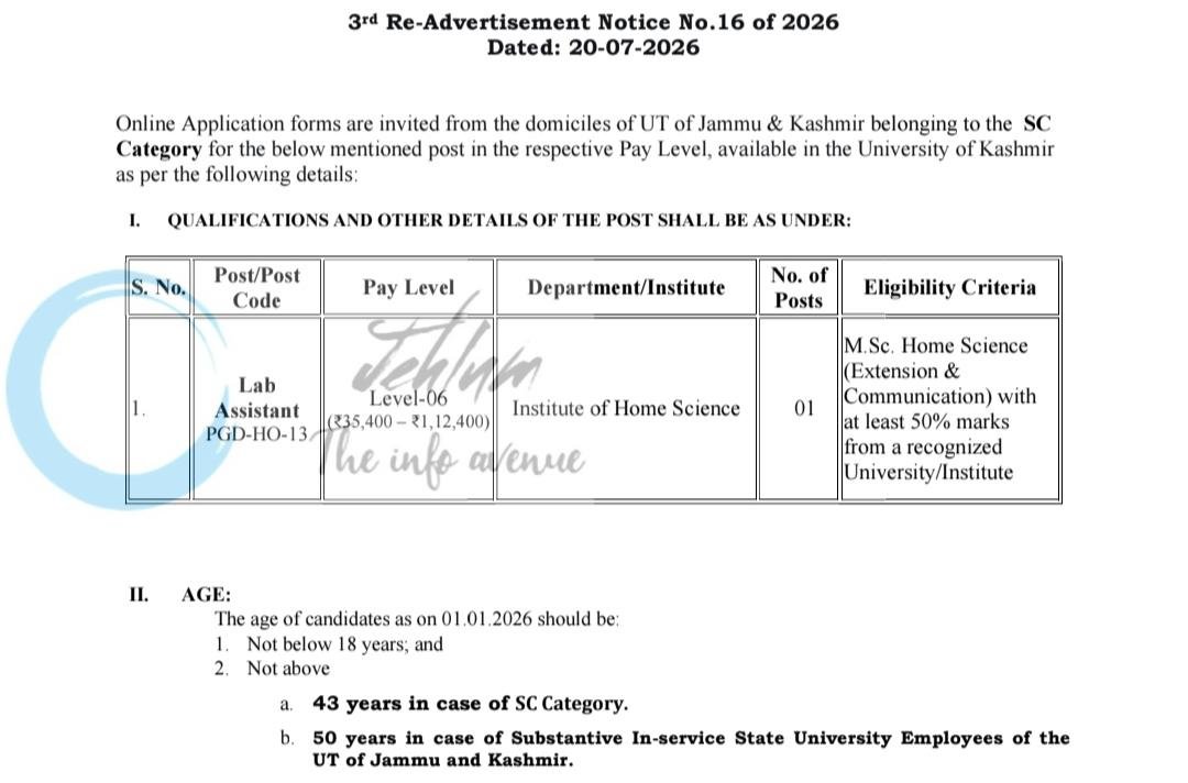 University of Kashmir KU Institute of Home Science Srinagar Lab Assistant job opportunities Notice 16 of 2026