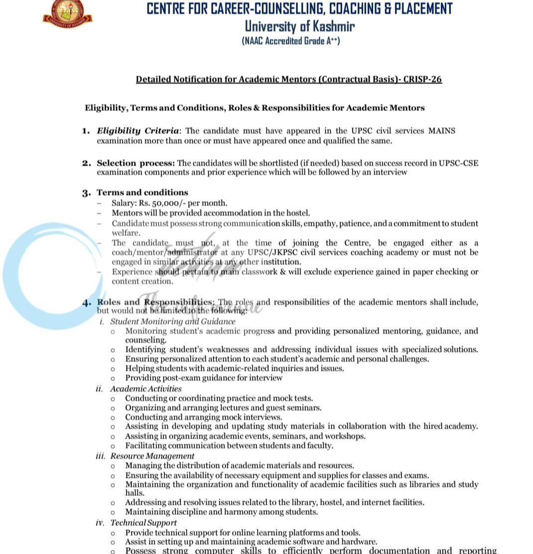 KU CENTRE FOR CAREER-COUNSELLING, COACHING And PLACEMENT ACADEMIC MENTORS JOB OPPORTUNITIES 2026