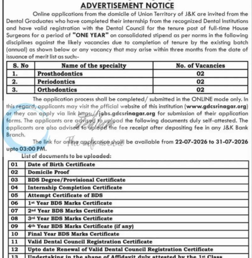 GDC Srinagar House Surgeons employment opportunities 2026