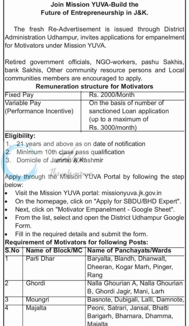 Office of the Deputy Commissioner Udhampur DCU Mission YUVA Udhampur Motivators job opportunities 2026 1 Office of the Deputy Commissioner Udhampur DCU Mission YUVA Udhampur Motivators job opportunities 2026