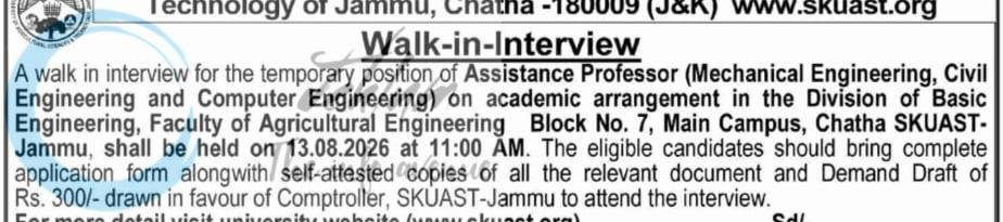 Sher e Kashmir University of Agricultural Sciences and Technology SKUAST FoAE Jammu Assistant Professor employment opportunities notice AUJ/BES/FoAE/26/27/F/01/29/32