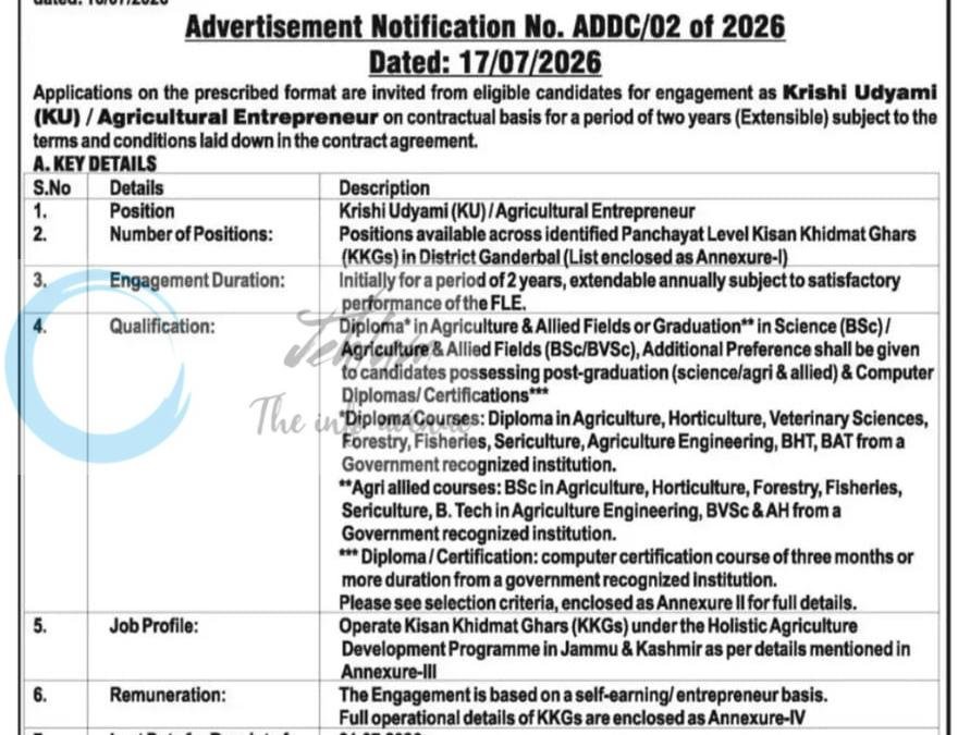 District Development Commissioner Ganderbal Krishi Udyami Agricultural Entrepreneur KKGs HADP employment opportunities notice ADDC 02 of 2026 1 District Development Commissioner Ganderbal Krishi Udyami Agricultural Entrepreneur KKGs HADP employment opportunities notice ADDC 02 of 2026