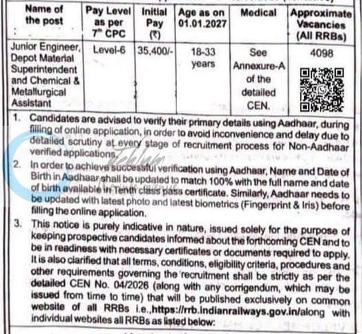 Railway Recruitment Board RRB Junior Engineer JE DMS CMA employment opportunities notice CEN/04/2026