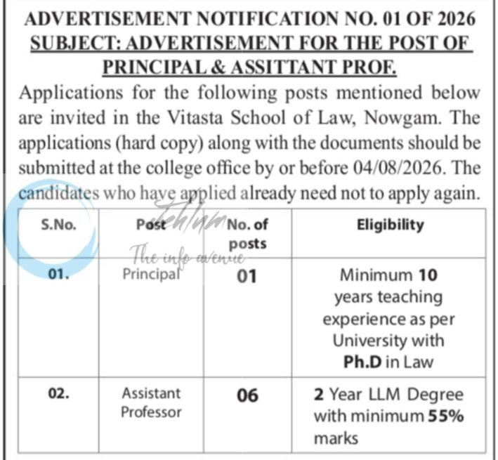 VITASTA SCHOOL OF LAW VSL SRINAGAR PRINCIPAL ASSISTANT PROFESSOR job opportunities notice 01 OF 2026
