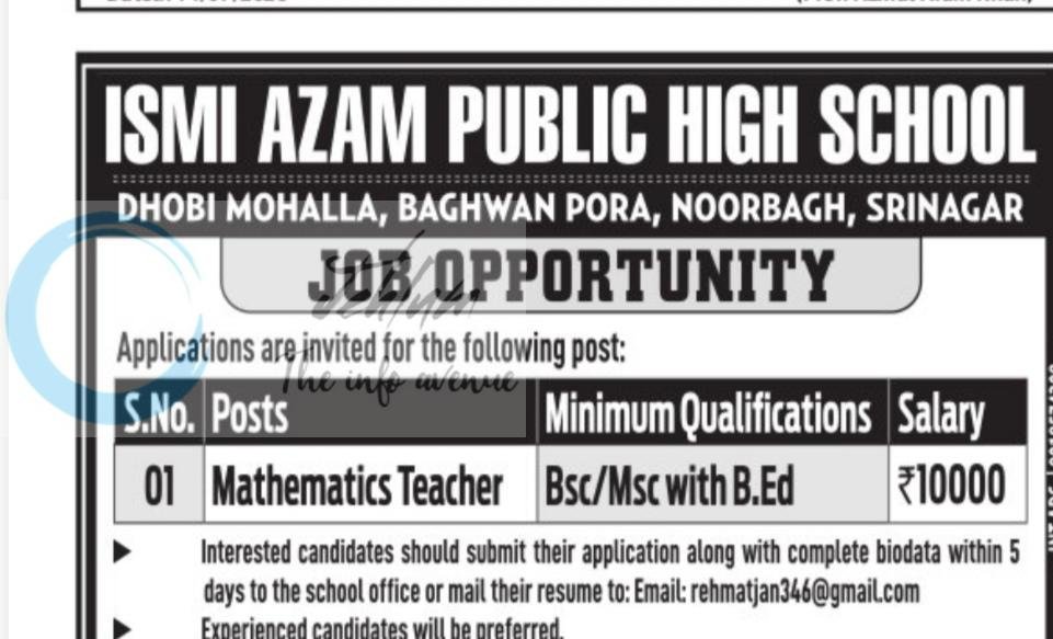 Ismi Azam Public High School Srinagar teaching job opportunities 2026 1 Ismi Azam Public High School Srinagar teaching job opportunities 2026